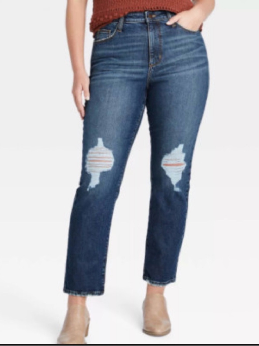 Universal Thread Women's High-RiseStraight-Leg Distressed Jeans - Dark Blue